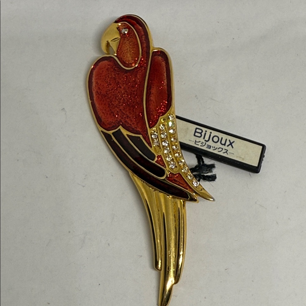 Bijoux Vibrant Red Gold Parrot Pin rhinestone detailing large statement brooch - Picture 4 of 15